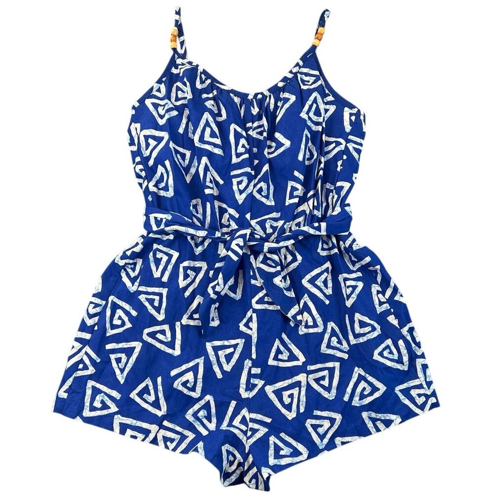 Vintage 80s Sun Club Catalina Blue Abstract Romper Playsuit Belted USA Size 6